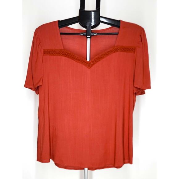 Mezzanine Rust Crochet Trim Blouse Short Sleeve Boho Top Size L - Picture 2 of 6